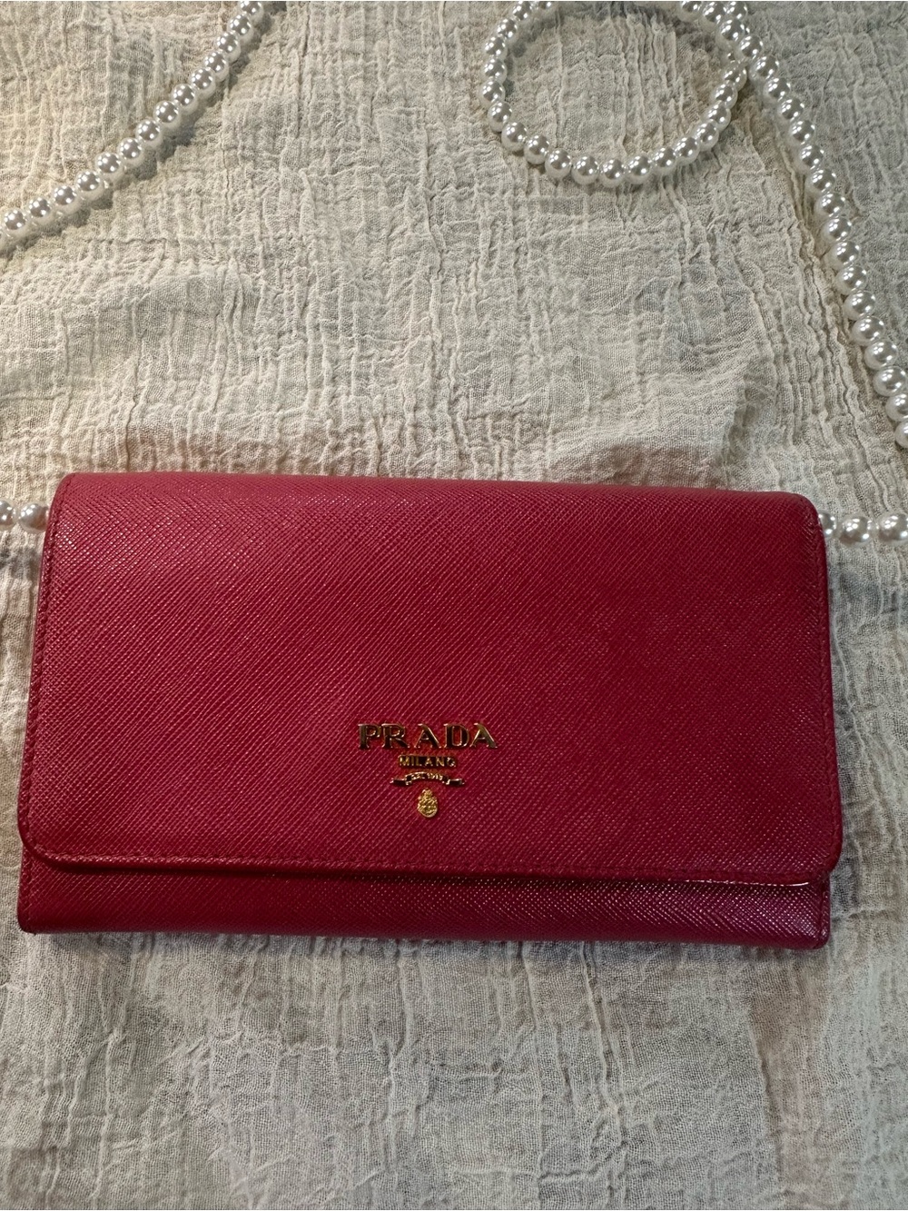 Prada Pink Saffiano Leather Wallet with Gold Logo with faux pearls